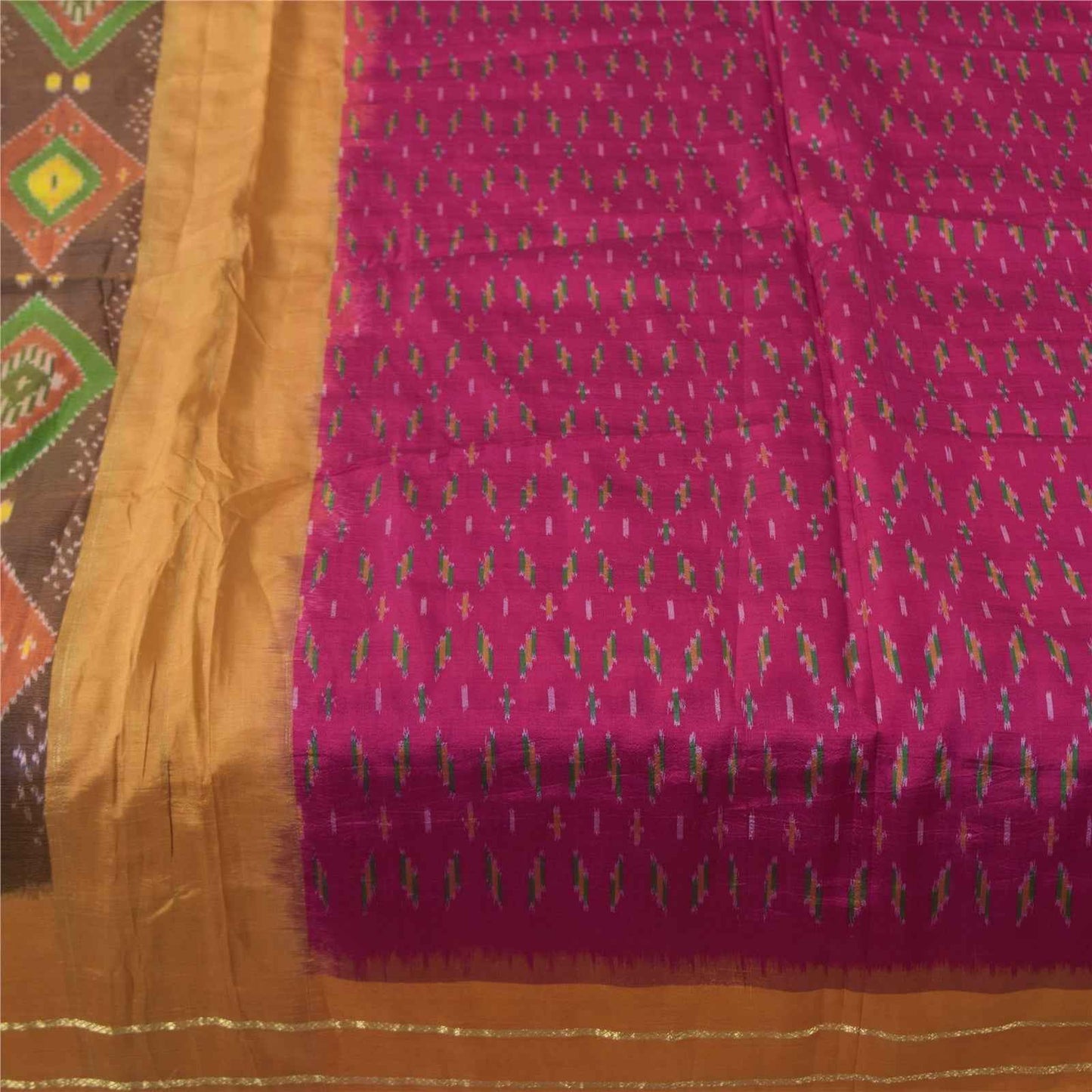 Sanskriti Vintage Sarees Pink Ikat Handwoven Pochampally Pure Silk Sari Fabric