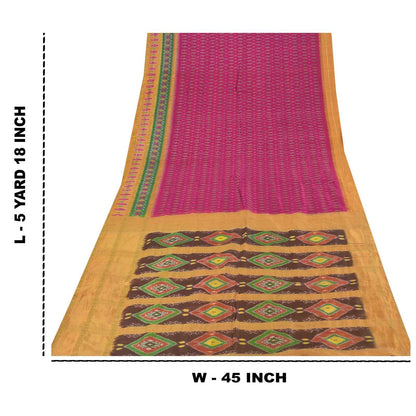 Sanskriti Vintage Sarees Pink Ikat Handwoven Pochampally Pure Silk Sari Fabric
