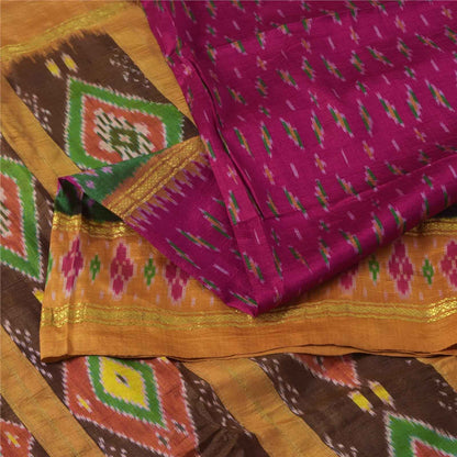 Sanskriti Vintage Sarees Pink Ikat Handwoven Pochampally Pure Silk Sari Fabric