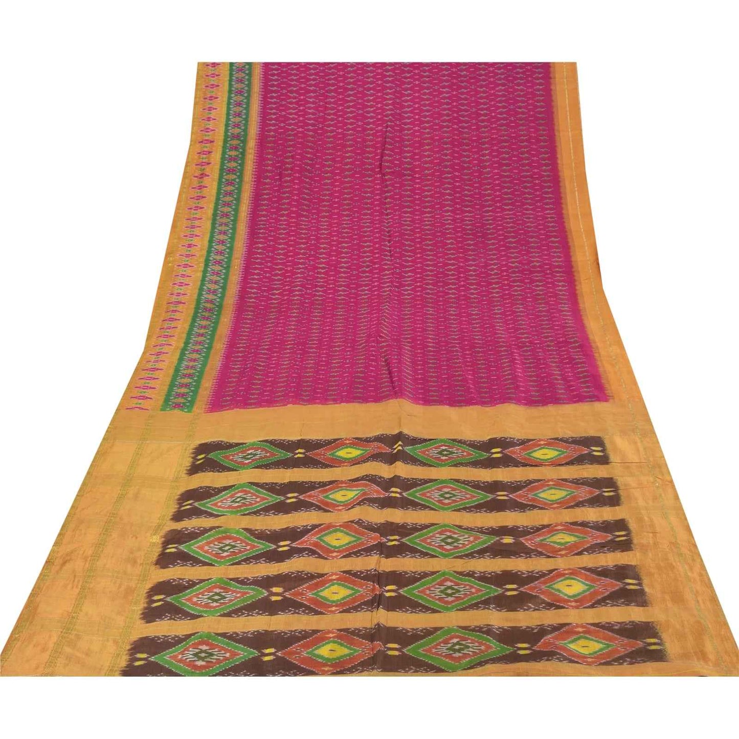 Sanskriti Vintage Sarees Pink Ikat Handwoven Pochampally Pure Silk Sari Fabric