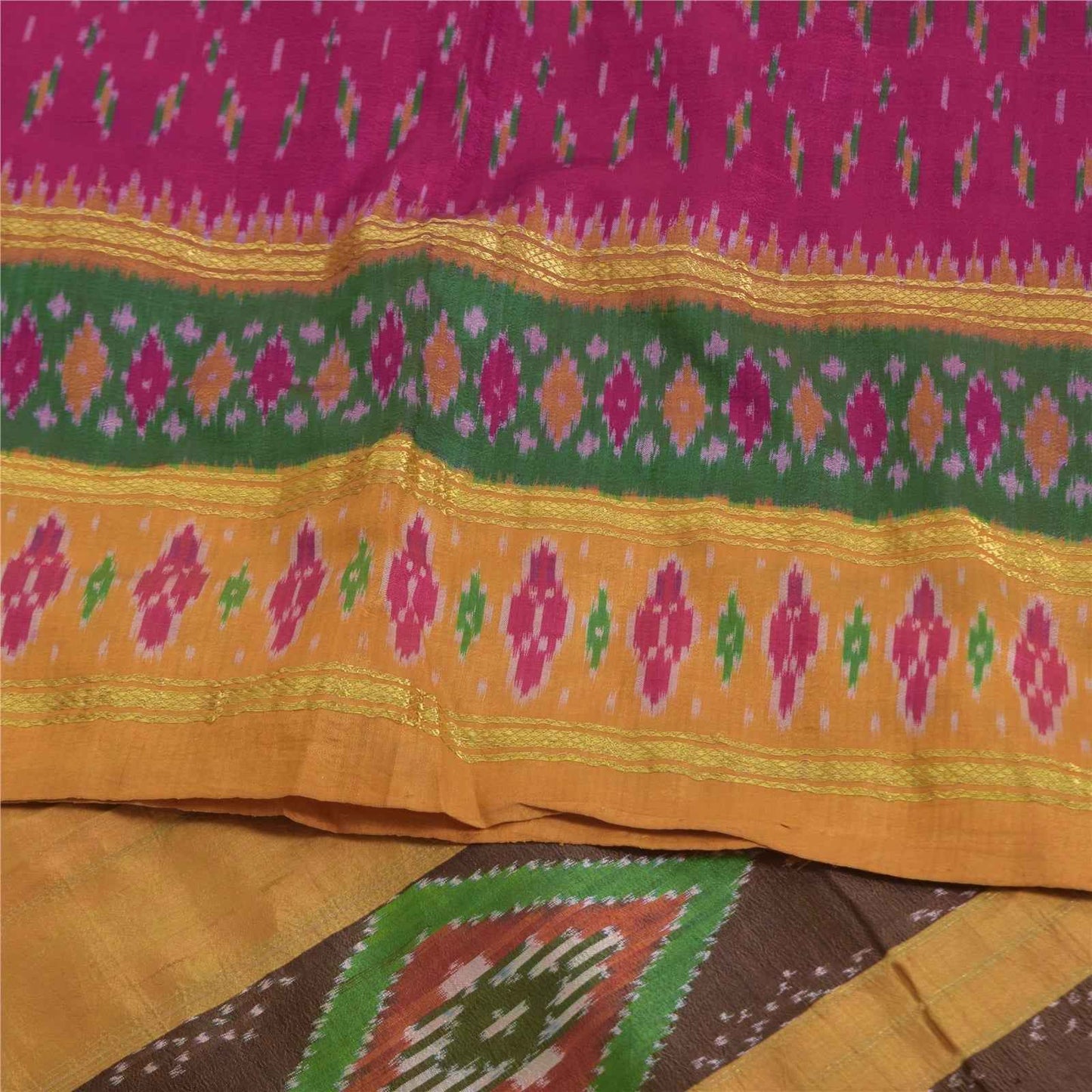 Sanskriti Vintage Sarees Pink Ikat Handwoven Pochampally Pure Silk Sari Fabric