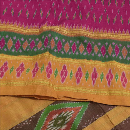 Sanskriti Vintage Sarees Pink Ikat Handwoven Pochampally Pure Silk Sari Fabric