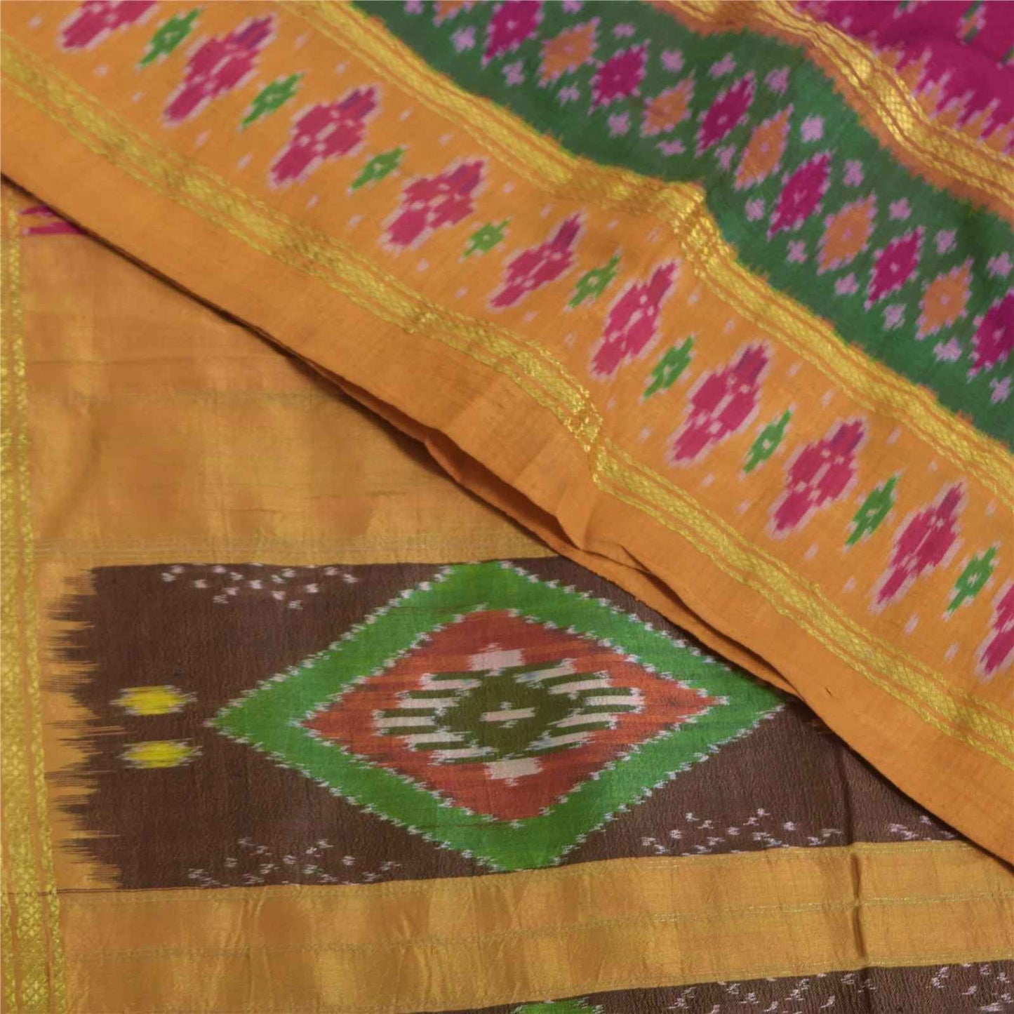 Sanskriti Vintage Sarees Pink Ikat Handwoven Pochampally Pure Silk Sari Fabric