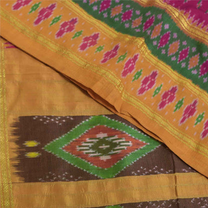 Sanskriti Vintage Sarees Pink Ikat Handwoven Pochampally Pure Silk Sari Fabric