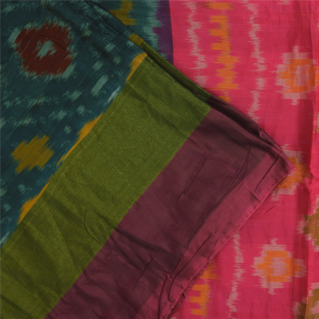 Sanskriti Vintage Sarees Green Ikat Handwoven Sambhalpuri Pure Silk Sari Sustainable Fabric