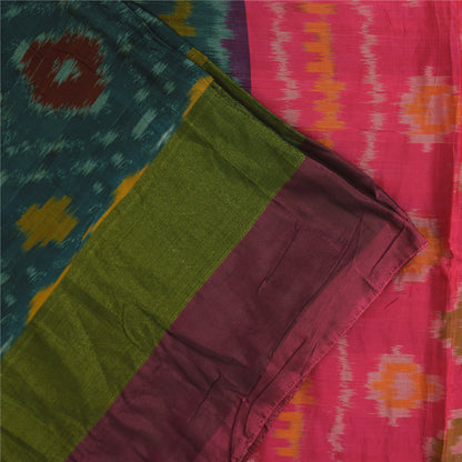 Sanskriti Vintage Sarees Green Ikat Handwoven Sambhalpuri Pure Silk Sari Sustainable Fabric