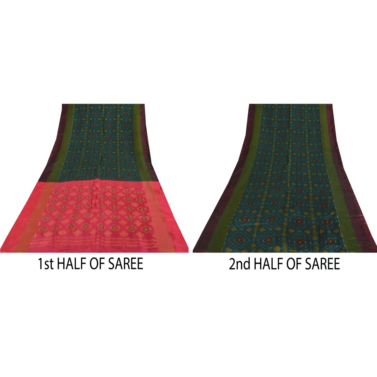 Sanskriti Vintage Sarees Green Ikat Handwoven Sambhalpuri Pure Silk Sari Sustainable Fabric