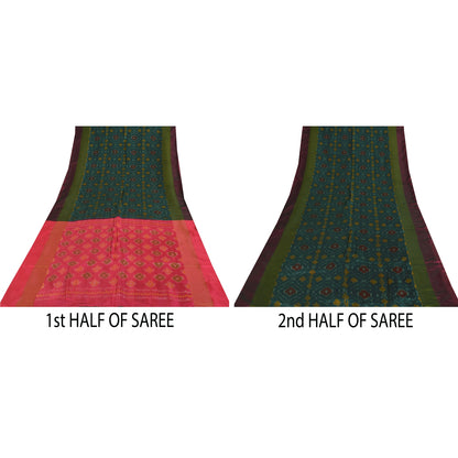 Sanskriti Vintage Sarees Green Ikat Handwoven Sambhalpuri Pure Silk Sari Sustainable Fabric