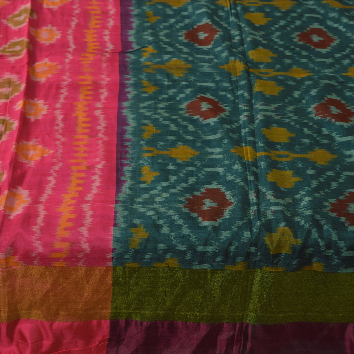 Sanskriti Vintage Sarees Green Ikat Handwoven Sambhalpuri Pure Silk Sari Sustainable Fabric