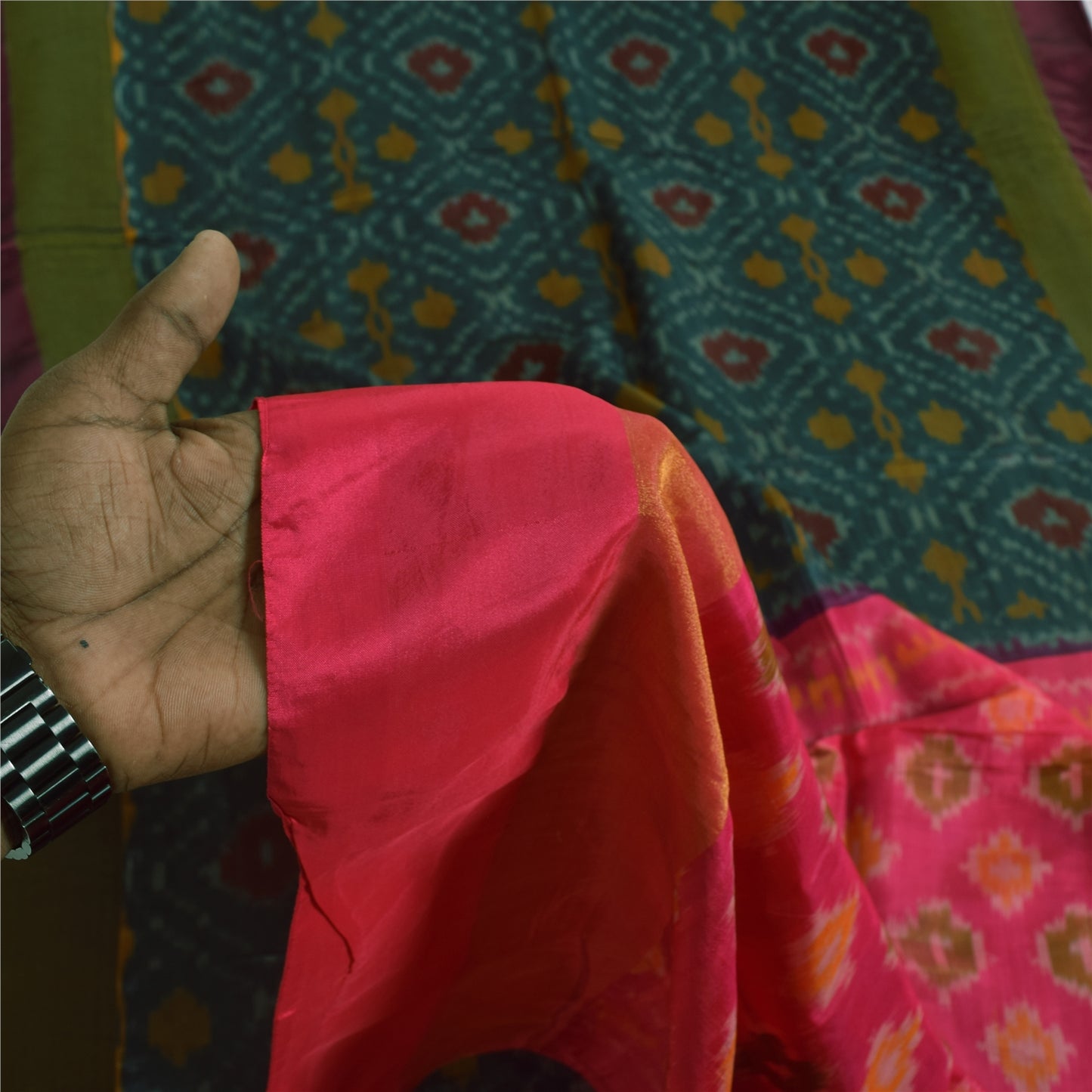 Sanskriti Vintage Sarees Green Ikat Handwoven Sambhalpuri Pure Silk Sari Sustainable Fabric