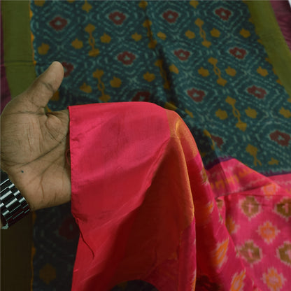 Sanskriti Vintage Sarees Green Ikat Handwoven Sambhalpuri Pure Silk Sari Sustainable Fabric