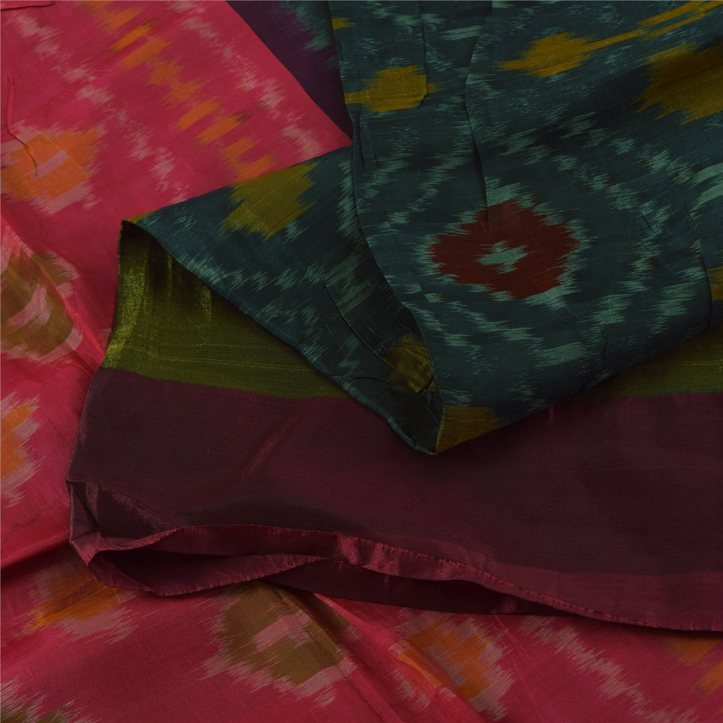 Sanskriti Vintage Sarees Green Ikat Handwoven Sambhalpuri Pure Silk Sari Sustainable Fabric