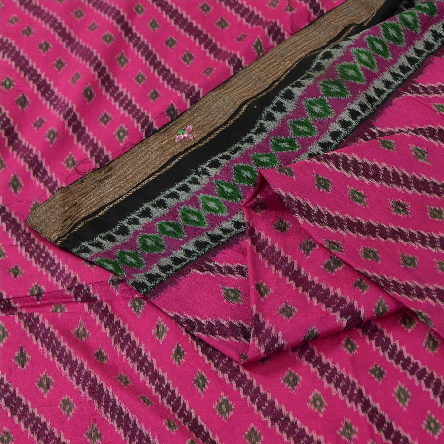 Sanskriti Vintage Sarees Pink Ikat Handwoven Pure Silk Pochampally Sari Fabric