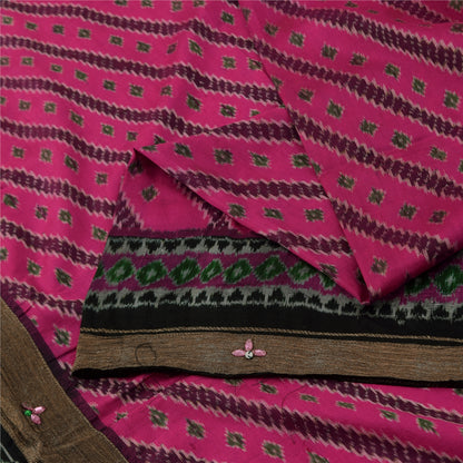 Sanskriti Vintage Sarees Pink Ikat Handwoven Pure Silk Pochampally Sari Fabric
