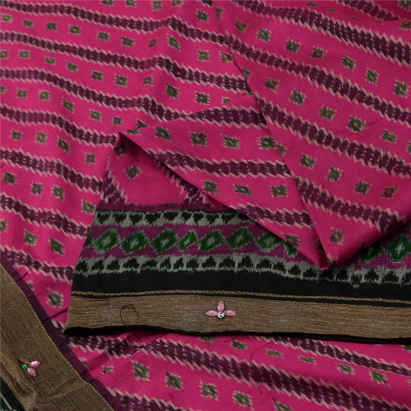 Sanskriti Vintage Pochampally Ikat Saree Pink Black Handwoven 100% Pure Silk Saree 5+ Yards | Indian Craft Fabric From Textile Heritage