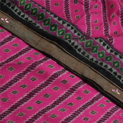 Sanskriti Vintage Sarees Pink Ikat Handwoven Pure Silk Pochampally Sari Fabric