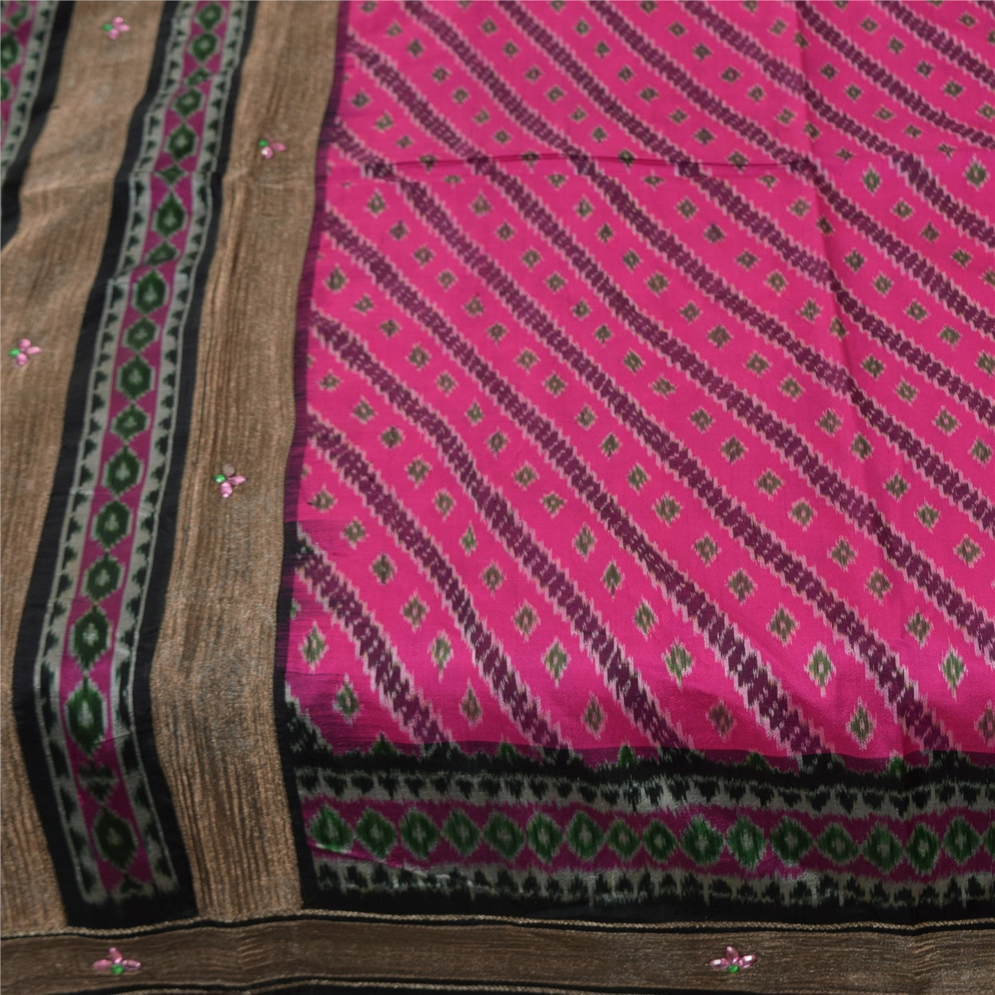 Sanskriti Vintage Sarees Pink Ikat Handwoven Pure Silk Pochampally Sari Fabric