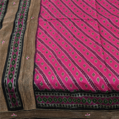 Sanskriti Vintage Sarees Pink Ikat Handwoven Pure Silk Pochampally Sari Fabric