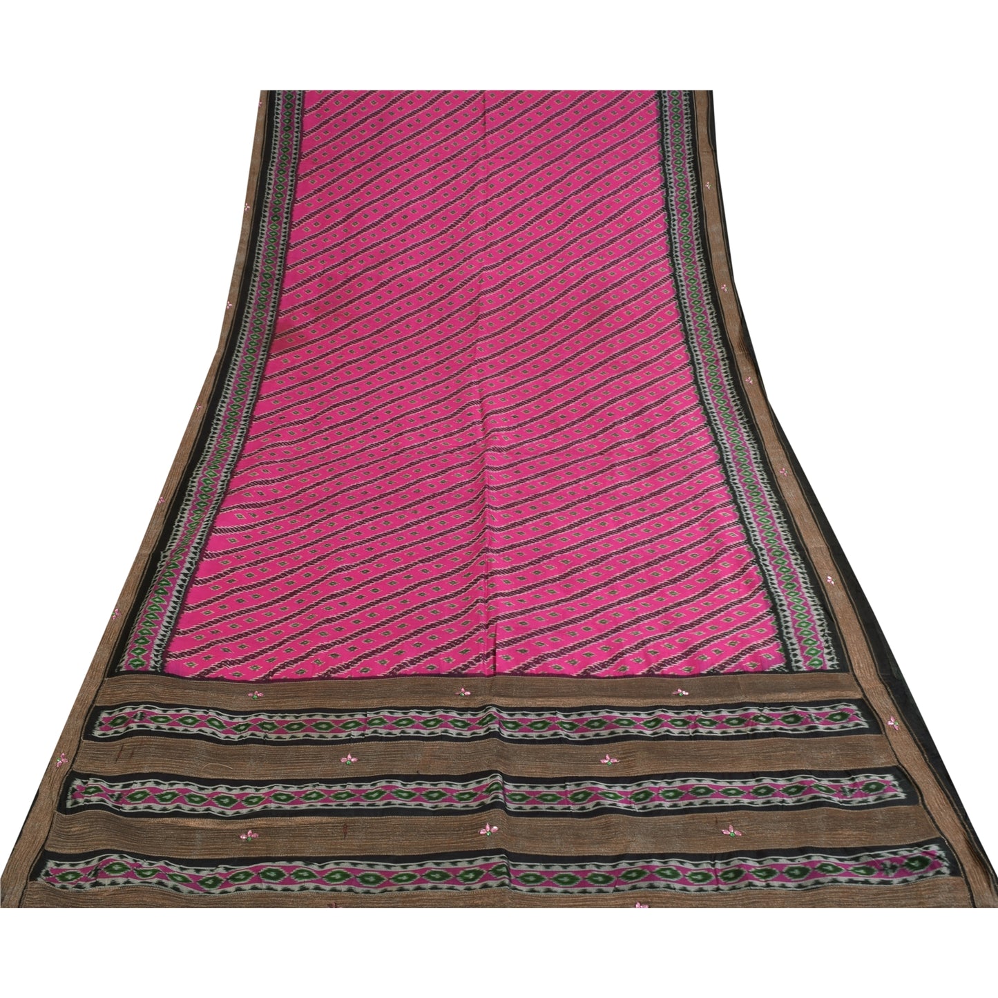 Sanskriti Vintage Sarees Pink Ikat Handwoven Pure Silk Pochampally Sari Fabric