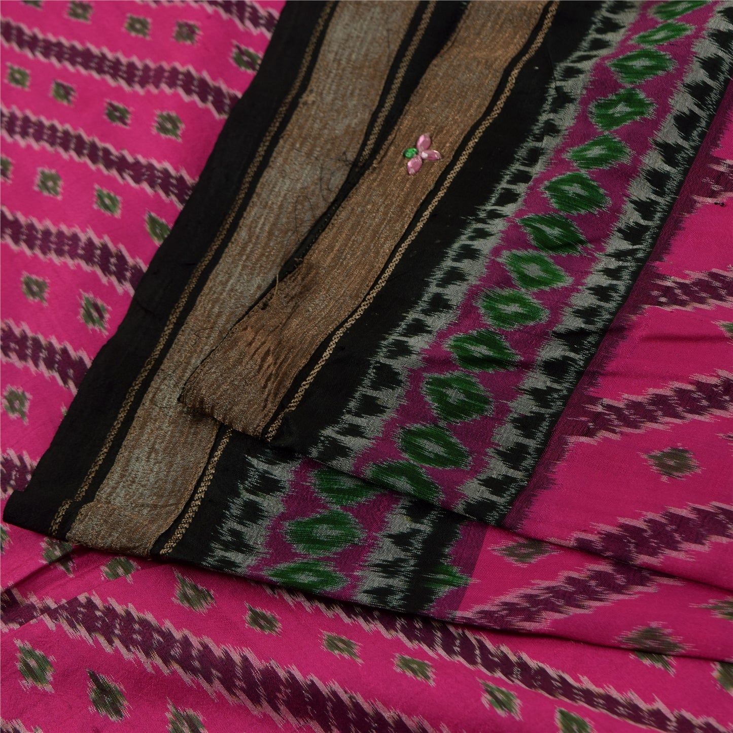 Sanskriti Vintage Sarees Pink Ikat Handwoven Pure Silk Pochampally Sari Fabric