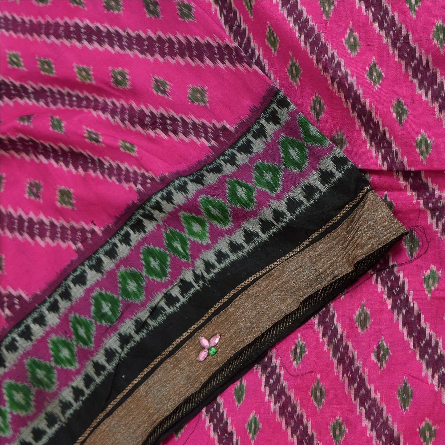 Sanskriti Vintage Sarees Pink Ikat Handwoven Pure Silk Pochampally Sari Fabric