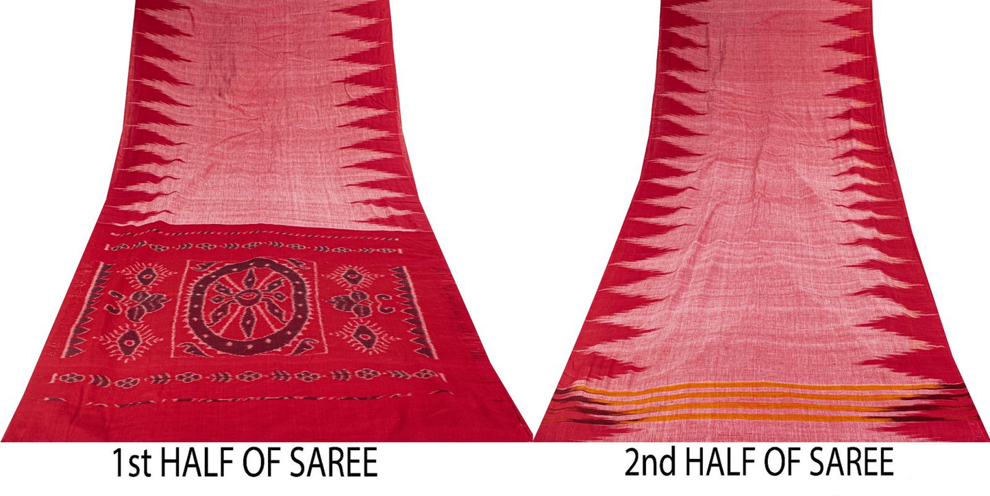 Sanskriti Vintage Red-Pink 100%Pure Cotton Saree Ikat Handwoven Sambhalpuri Sari