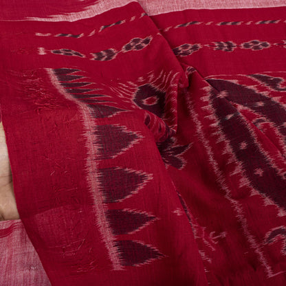 Sanskriti Vintage Red-Pink 100%Pure Cotton Saree Ikat Handwoven Sambhalpuri Sari