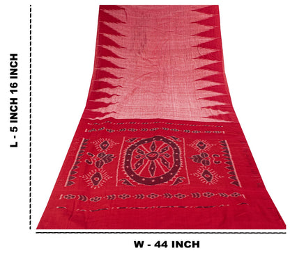 Sanskriti Vintage Red-Pink 100%Pure Cotton Saree Ikat Handwoven Sambhalpuri Sari