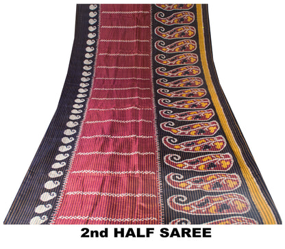 Sanskriti Vintage Red Pure Silk Sarees Ikat Hand Woven Pochampally 5.5 Yard Sari