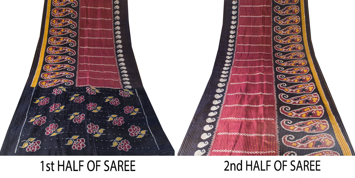 Sanskriti Vintage Red Pure Silk Sarees Ikat Hand Woven Pochampally 5.5 Yard Sari
