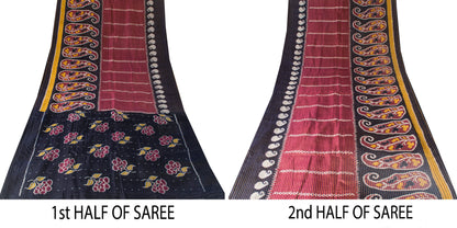 Sanskriti Vintage Red Pure Silk Sarees Ikat Hand Woven Pochampally 5.5 Yard Sari