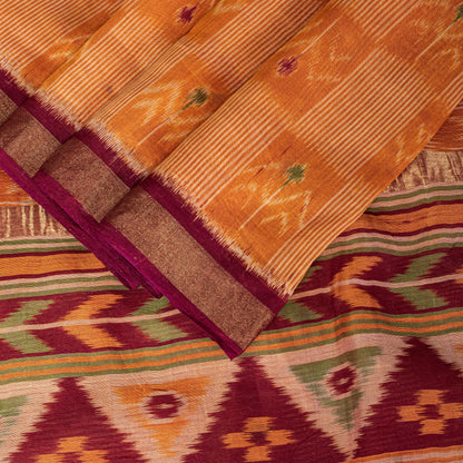 Sanskriti Vintage Saffron-Purple Cotton Silk Sarees Ikat Hand Woven 5.5+Yd Sari