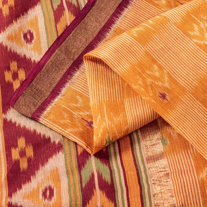 Sanskriti Vintage Saffron-Purple Cotton Silk Sarees Ikat Hand Woven 5.5+Yd Sari