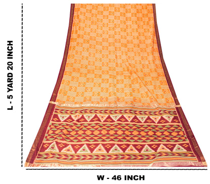 Sanskriti Vintage Saffron-Purple Cotton Silk Sarees Ikat Hand Woven 5.5+Yd Sari