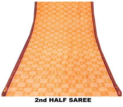 Sanskriti Vintage Saffron-Purple Cotton Silk Sarees Ikat Hand Woven 5.5+Yd Sari