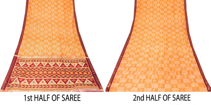 Sanskriti Vintage Saffron-Purple Cotton Silk Sarees Ikat Hand Woven 5.5+Yd Sari