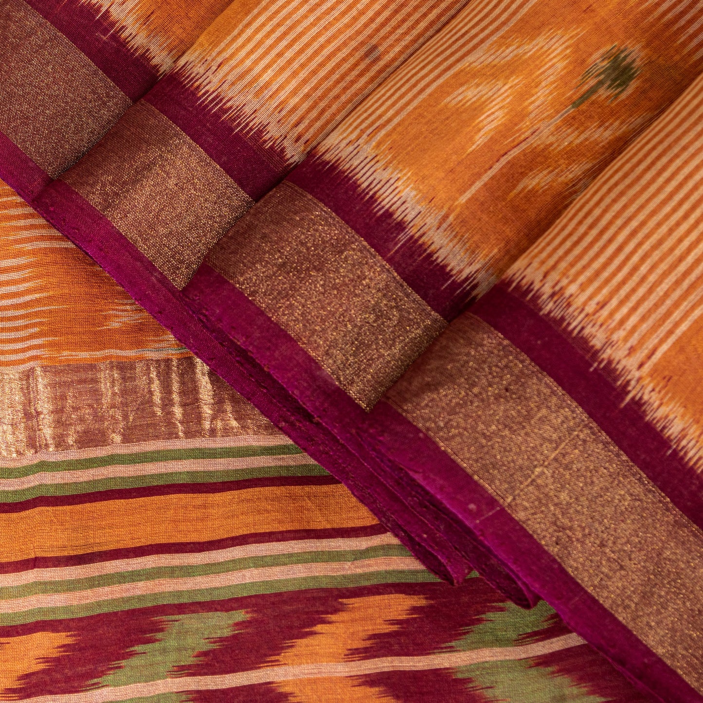 Sanskriti Vintage Saffron-Purple Cotton Silk Sarees Ikat Hand Woven 5.5+Yd Sari