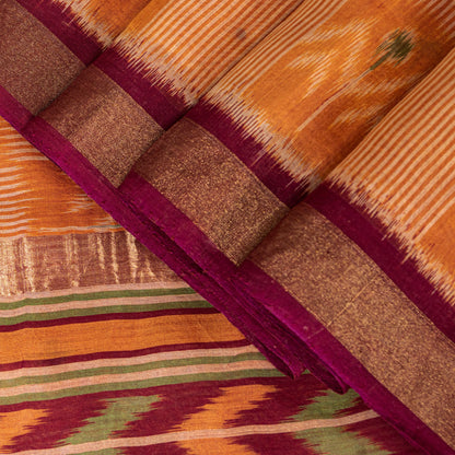 Sanskriti Vintage Saffron-Purple Cotton Silk Sarees Ikat Hand Woven 5.5+Yd Sari