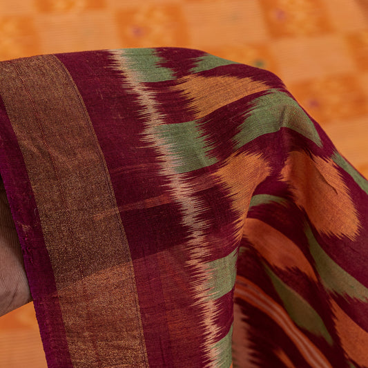 Sanskriti Vintage Saffron-Purple Cotton Silk Sarees Ikat Hand Woven 5.5+Yd Sari