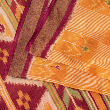 Sanskriti Vintage Saffron-Purple Cotton Silk Sarees Ikat Hand Woven 5.5+Yd Sari