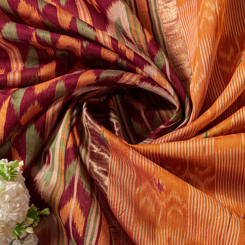 Sanskriti Vintage Saffron-Purple Cotton Silk Sarees Ikat Hand Woven 5.5+Yd Sari