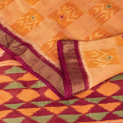 Sanskriti Vintage Saffron-Purple Cotton Silk Sarees Ikat Hand Woven 5.5+Yd Sari