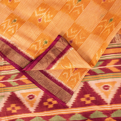 Sanskriti Vintage Saffron-Purple Cotton Silk Sarees Ikat Hand Woven 5.5+Yd Sari