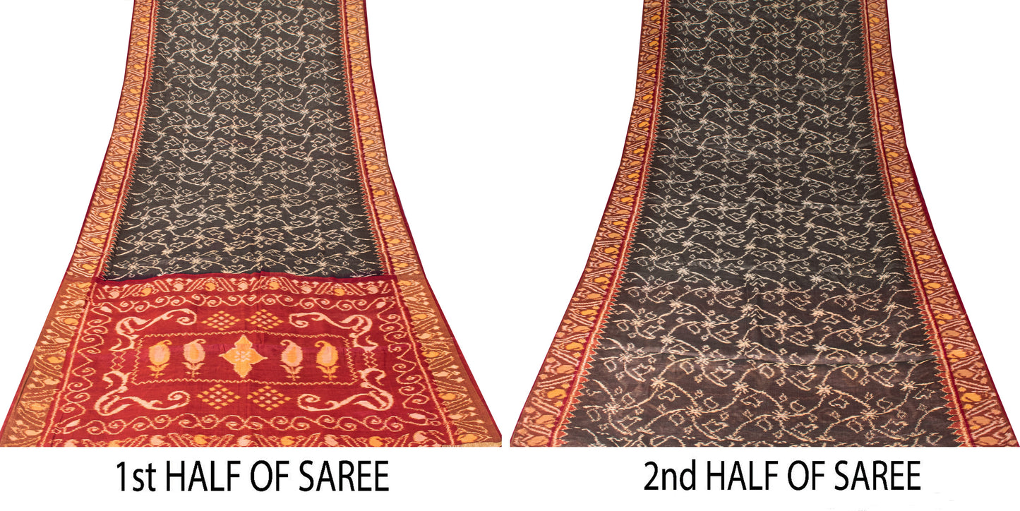 Sanskriti Vintage Red-Black Cotton Silk Sarees Ikat Hand Woven Sambhalpuri 5.5Yd