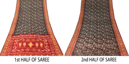 Sanskriti Vintage Red-Black Cotton Silk Sarees Ikat Hand Woven Sambhalpuri 5.5Yd