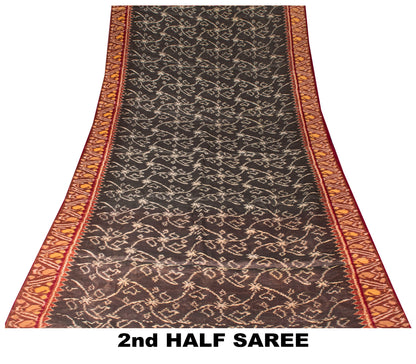 Sanskriti Vintage Red-Black Cotton Silk Sarees Ikat Hand Woven Sambhalpuri 5.5Yd