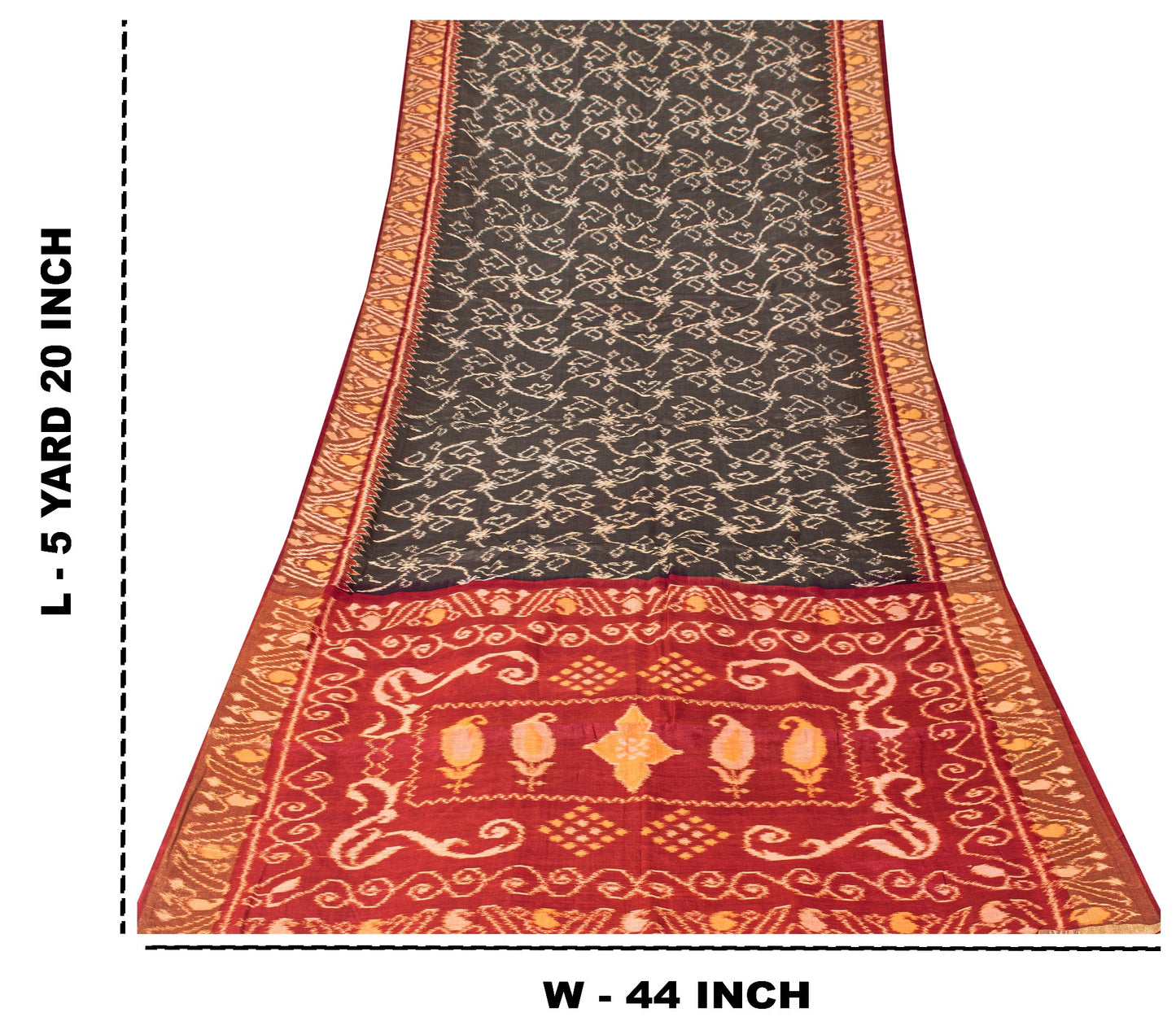 Sanskriti Vintage Red-Black Cotton Silk Sarees Ikat Hand Woven Sambhalpuri 5.5Yd