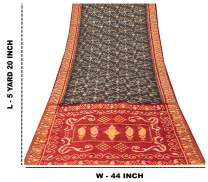 Sanskriti Vintage Red-Black Cotton Silk Sarees Ikat Hand Woven Sambhalpuri 5.5Yd