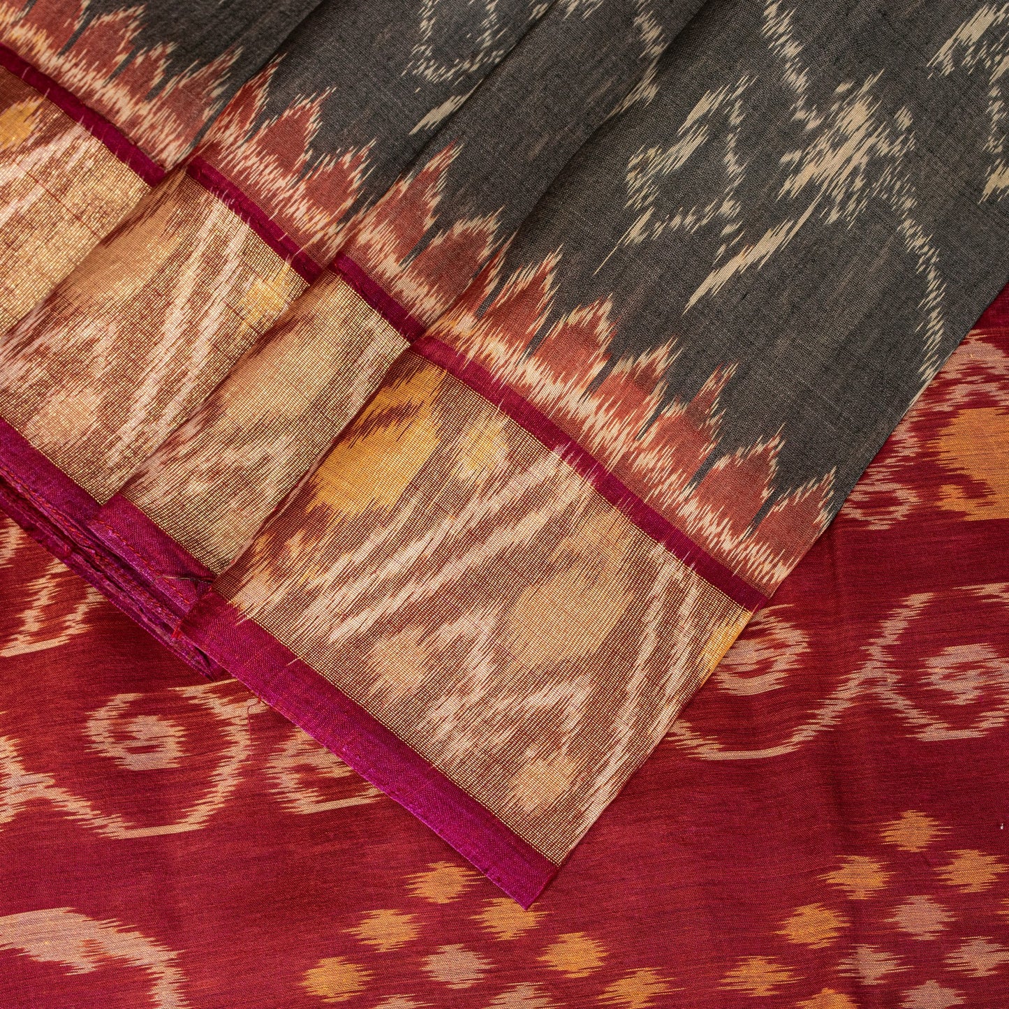 Sanskriti Vintage Red-Black Cotton Silk Sarees Ikat Hand Woven Sambhalpuri 5.5Yd