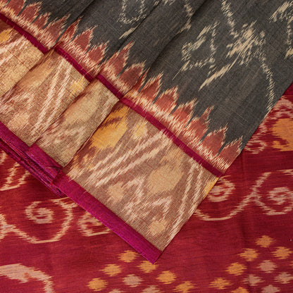 Sanskriti Vintage Red-Black Cotton Silk Sarees Ikat Hand Woven Sambhalpuri 5.5Yd